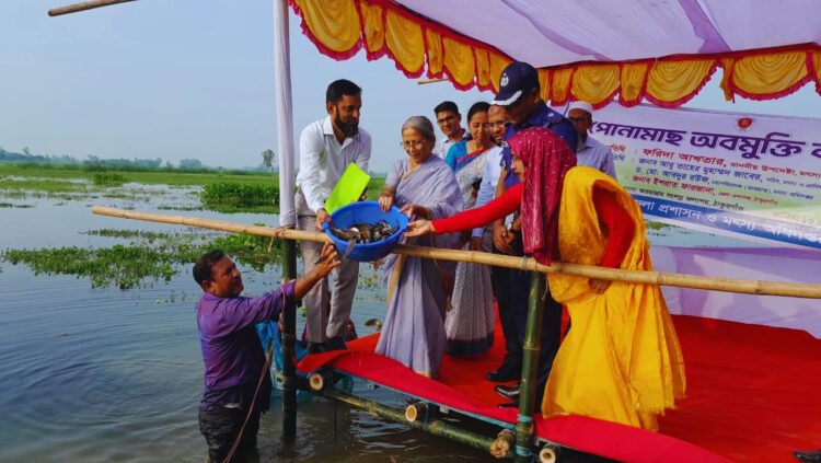 মৎস্য ও প্রাণিসম্পদ মন্ত্রণালয়ের উপদেষ্টা ফরিদা আখতারের আগমনে  পোনা মাছ অবমুক্তি করন কর্মশালা