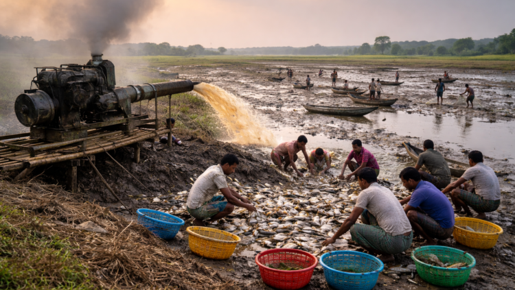 শাল্লায় প্রশাসনের চোখ ফাঁকি দিয়ে বিল শুকিয়ে  মাছ আহরণ