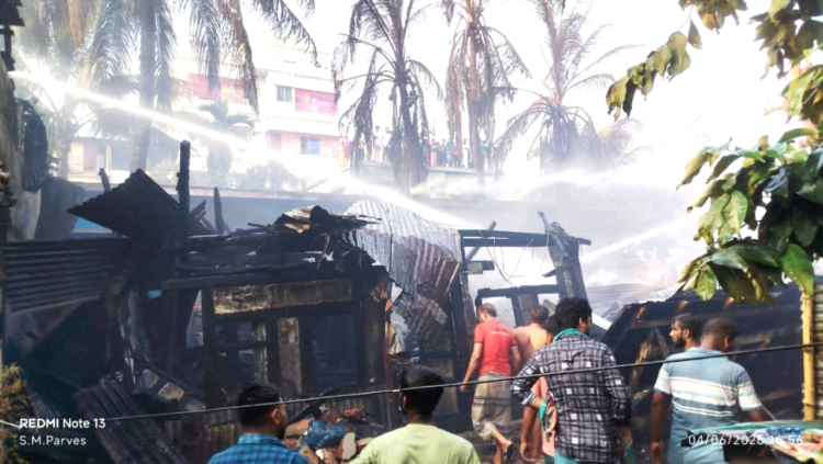 ঝালকাঠি শহরের শ্মশানঘাট এলাকায় অগ্নিকাণ্ডে ৭টি ঘর পুড়ে ছাই, আহত ২